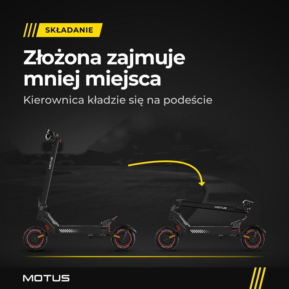 MOTUS Daytona 10 Max rozłożona i złożona: kierownica kładzie się na podeście.