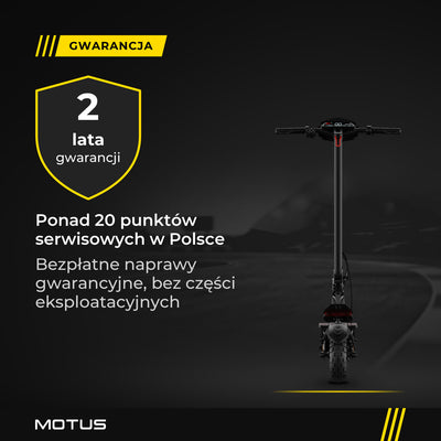 Gwarancja MOTUS Daytona 10 Max: 2 lata, ponad 20 punktów serwisowych w Polsce, bezpłatne naprawy gwarancyjne bez części eksploatacyjnych.