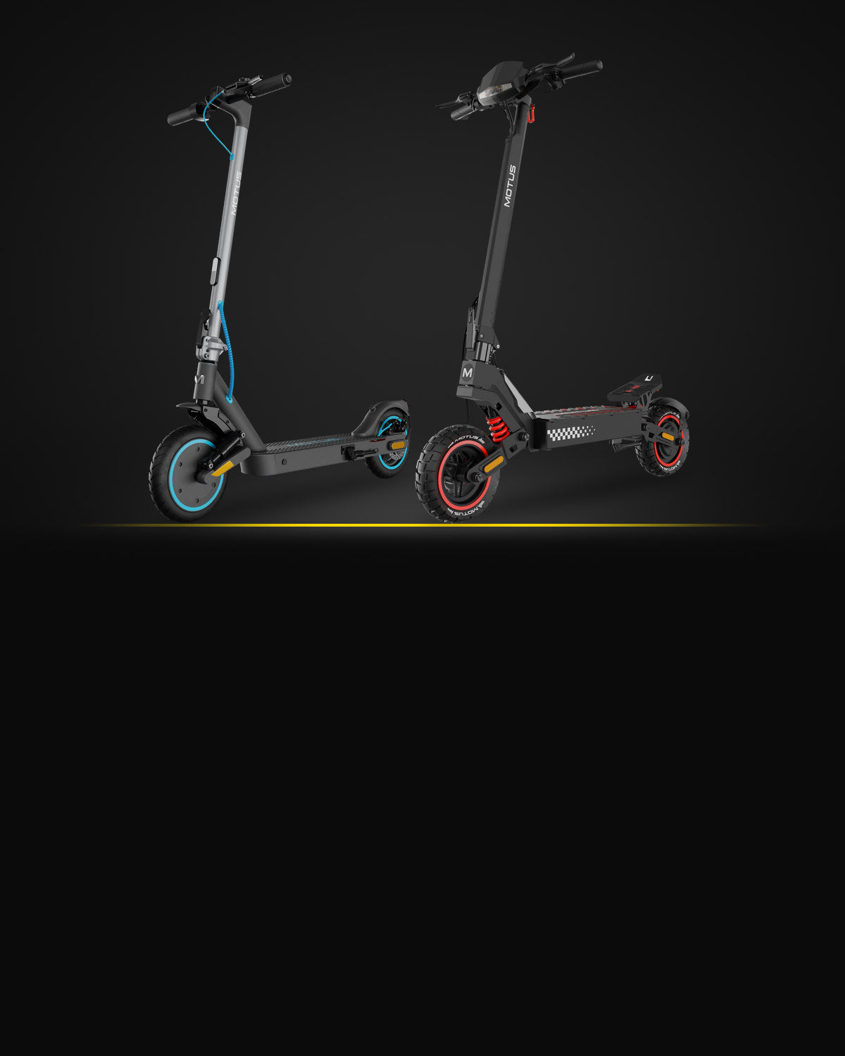 Dwie hulajnogi elektryczne MOTUS na ciemnym tle: Scooty 10 Elite i Daytona 10