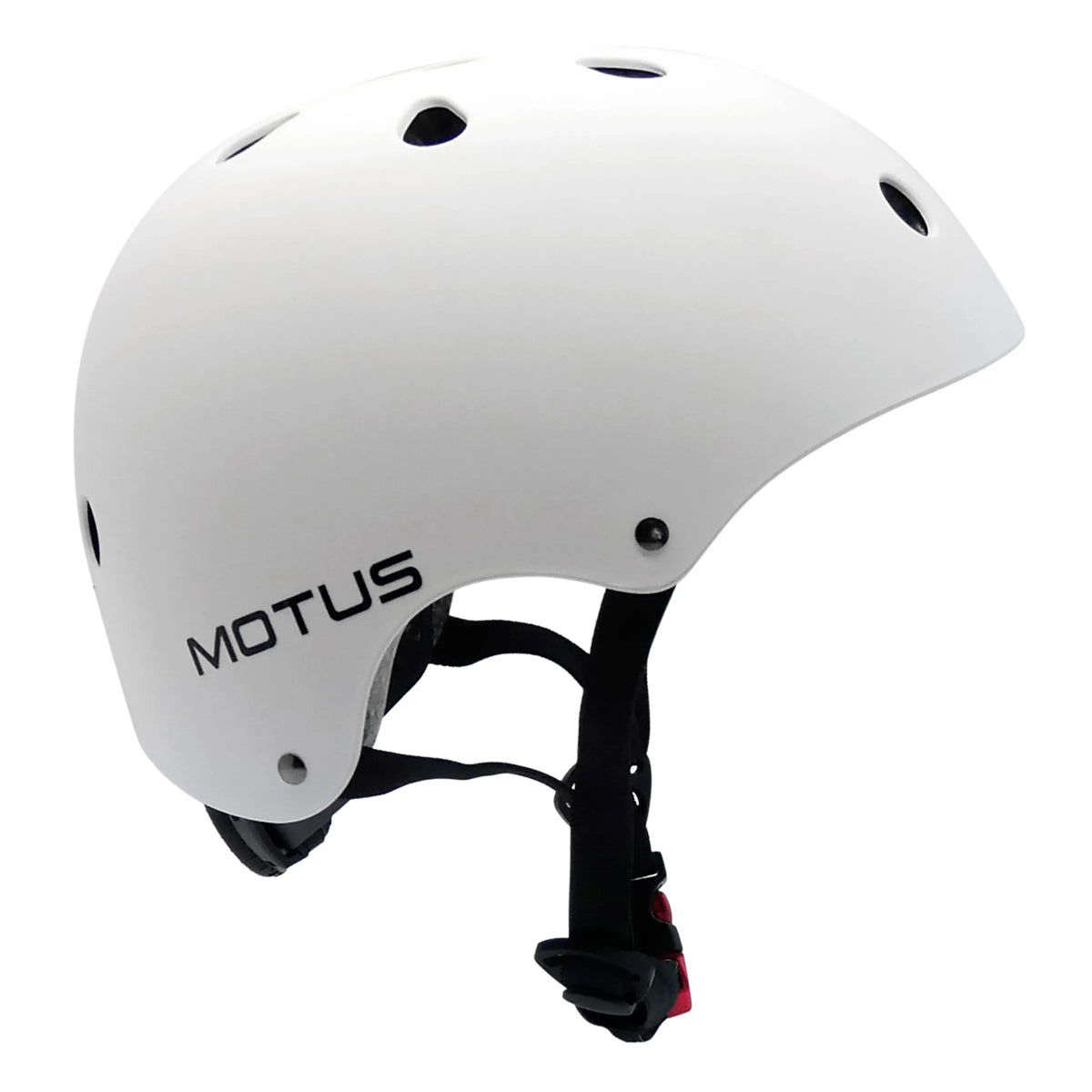 Kask regulowany MOTUS w kolorze białym - widok z boku z logo MOTUS