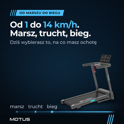 Bieżnia MOTUS RUN 100: prędkość od 1 do 14 km/h na marsz, trucht i bieg, pod bieżnią linia narastająca od marszu do biegu.