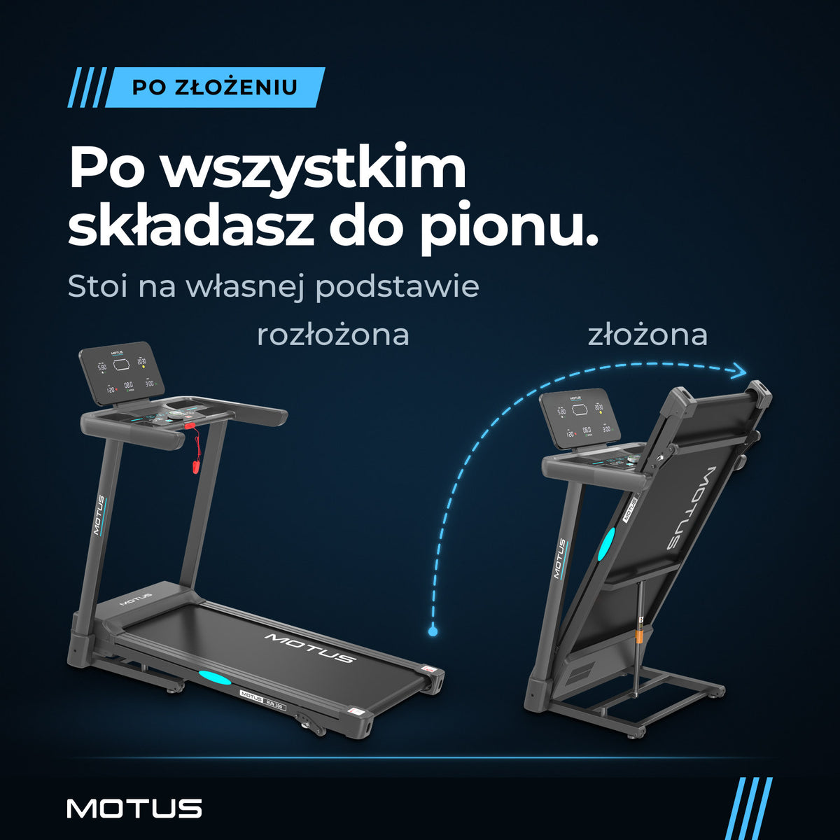Bieżnia MOTUS RUN 100 rozłożona i złożona do pionu obok siebie; złożona stoi na własnej podstawie.