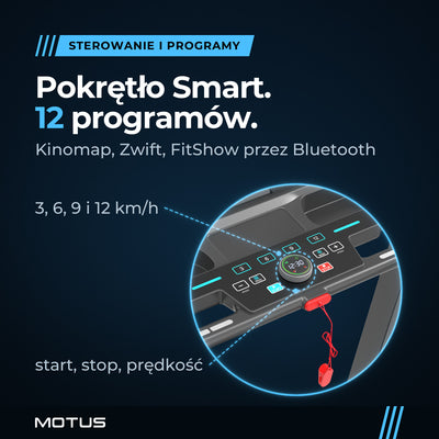 Konsola bieżni MOTUS RUN 100: pokrętło Smart, 4 klawisze prędkości 3, 6, 9 i 12 km/h, 12 programów oraz aplikacje Kinomap, Zwift i FitShow przez Bluetooth.