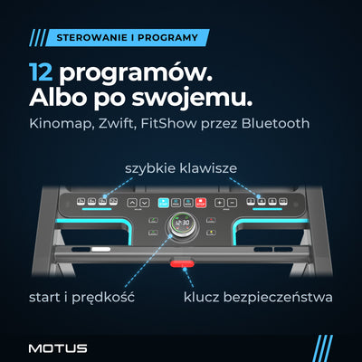 Konsola bieżni MOTUS RUN 200 z góry: pokrętło startu i prędkości, szybkie klawisze, klucz bezpieczeństwa; 12 programów, Bluetooth: Kinomap, Zwift, FitShow.