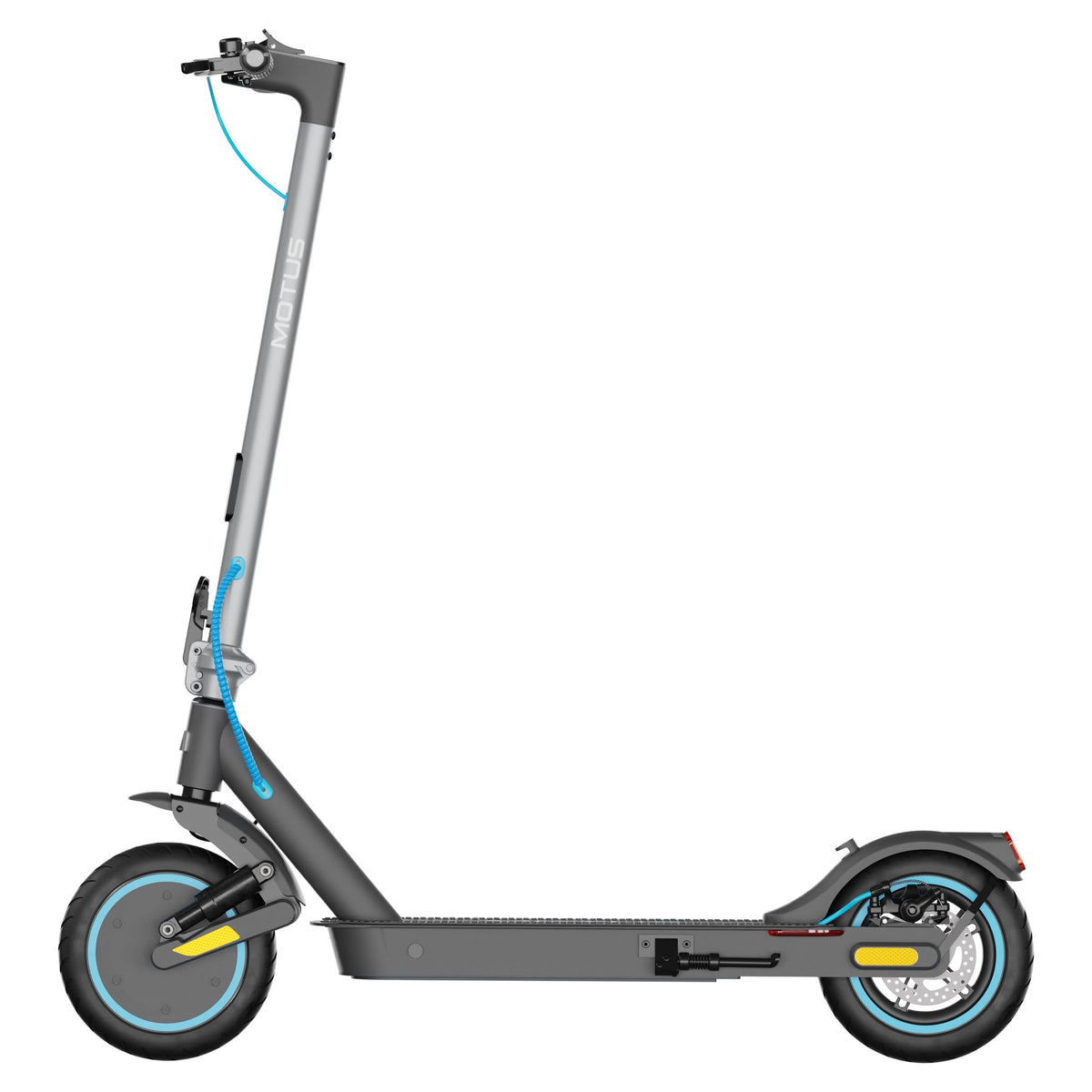 Hulajnoga elektryczna MOTUS Scooty 10 Elite z lewego boku: amortyzator przedniego koła, stopka, tarcza hamulca.