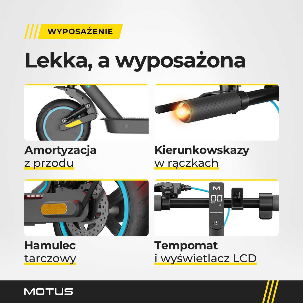 Wyposażenie hulajnogi elektrycznej MOTUS Scooty 10 Elite: amortyzacja przedniego koła, kierunkowskaz w końcu rączki, hamulec tarczowy, wyświetlacz LCD.