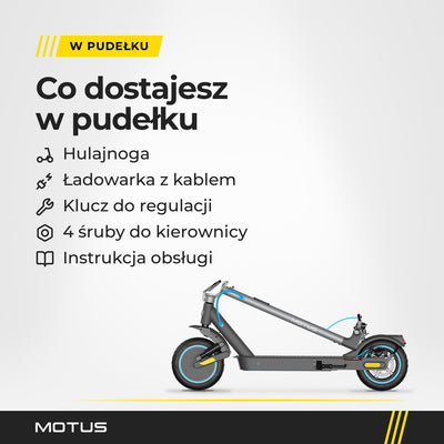 Zawartość pudełka hulajnogi elektrycznej MOTUS Scooty 10 Elite: hulajnoga, ładowarka z kablem, klucz do regulacji, 4 śruby do kierownicy, instrukcja.