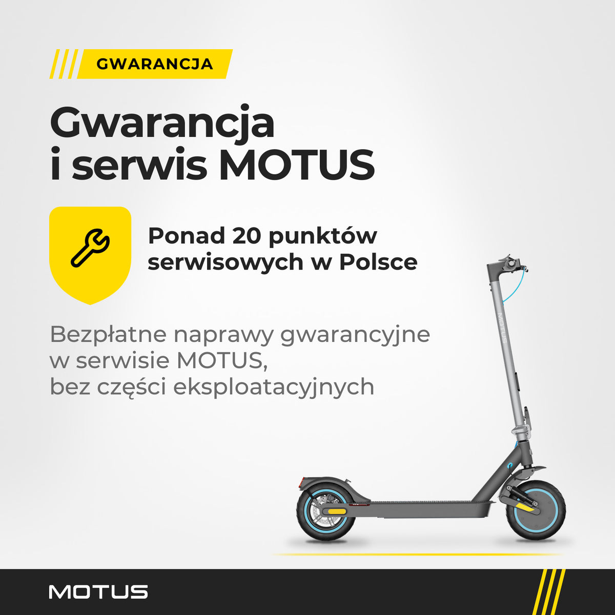 Gwarancja i serwis hulajnogi elektrycznej MOTUS Scooty 10 Elite: ponad 20 punktów serwisowych w Polsce, bezpłatne naprawy gwarancyjne w serwisie MOTUS.