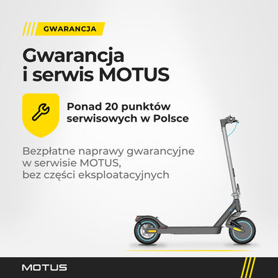 Gwarancja i serwis hulajnogi elektrycznej MOTUS Scooty 10 Elite: ponad 20 punktów serwisowych w Polsce, bezpłatne naprawy gwarancyjne w serwisie MOTUS.