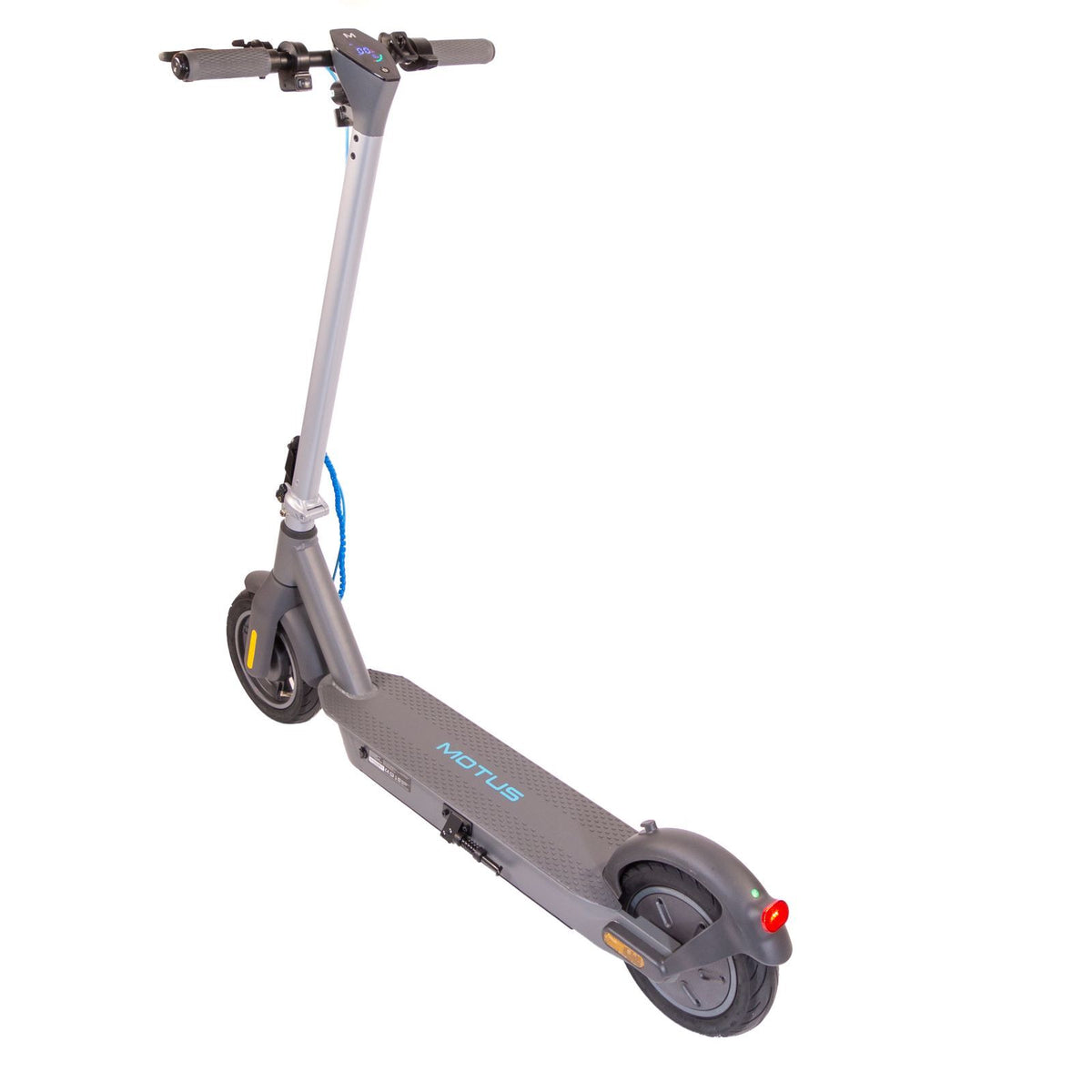 Hulajnoga elektryczna MOTUS Scooty 10 GEN4 od tyłu z góry: podest z napisem MOTUS i włączone tylne światło.