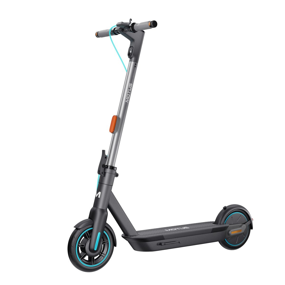 Hulajnoga elektryczna MOTUS Scooty 10 GEN5, widok 3/4 z przodu z lewej, szara rama i turkusowe akcenty, na białym tle.