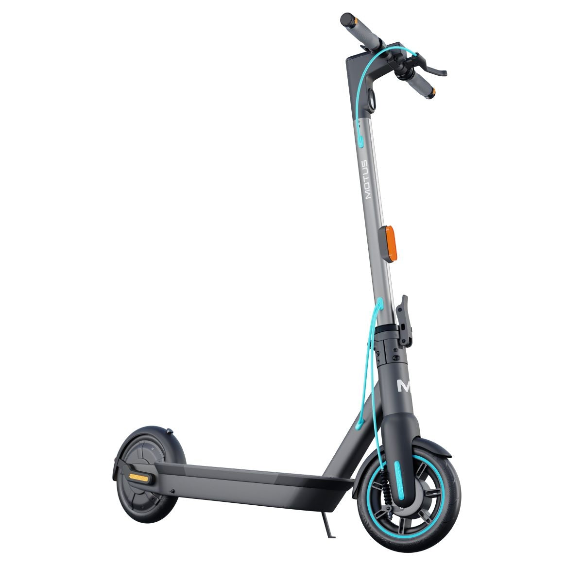 Hulajnoga elektryczna MOTUS Scooty 10 GEN5, widok 3/4 z przodu z prawej, stoi na nóżce, na białym tle.