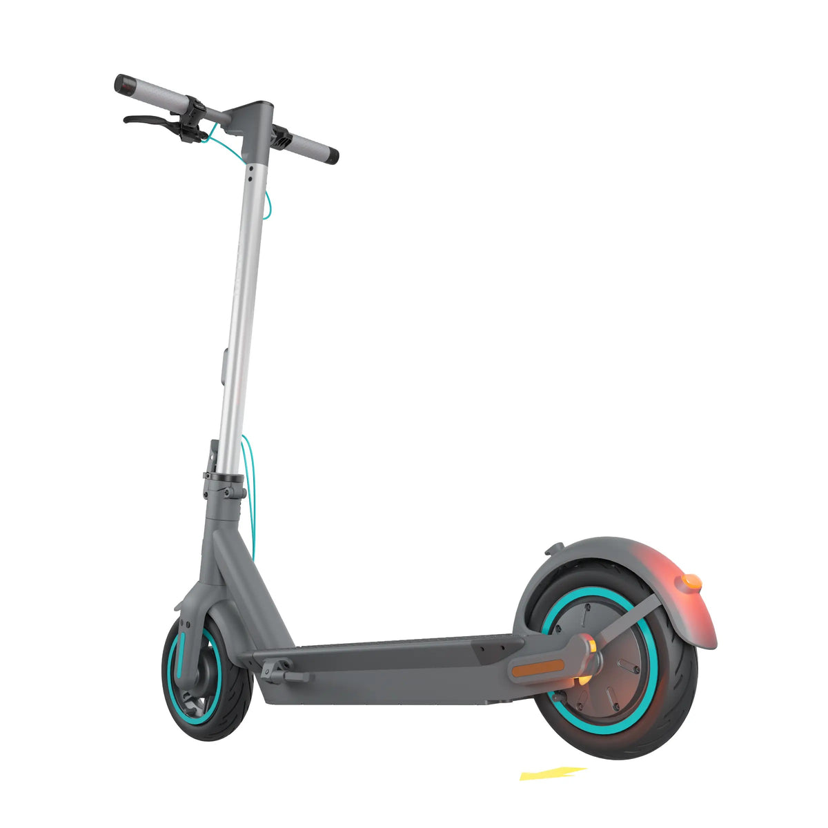 Hulajnoga elektryczna MOTUS Scooty 10 GEN6, widok 3/4 z tyłu z zapalonym tylnym światłem, na białym tle.