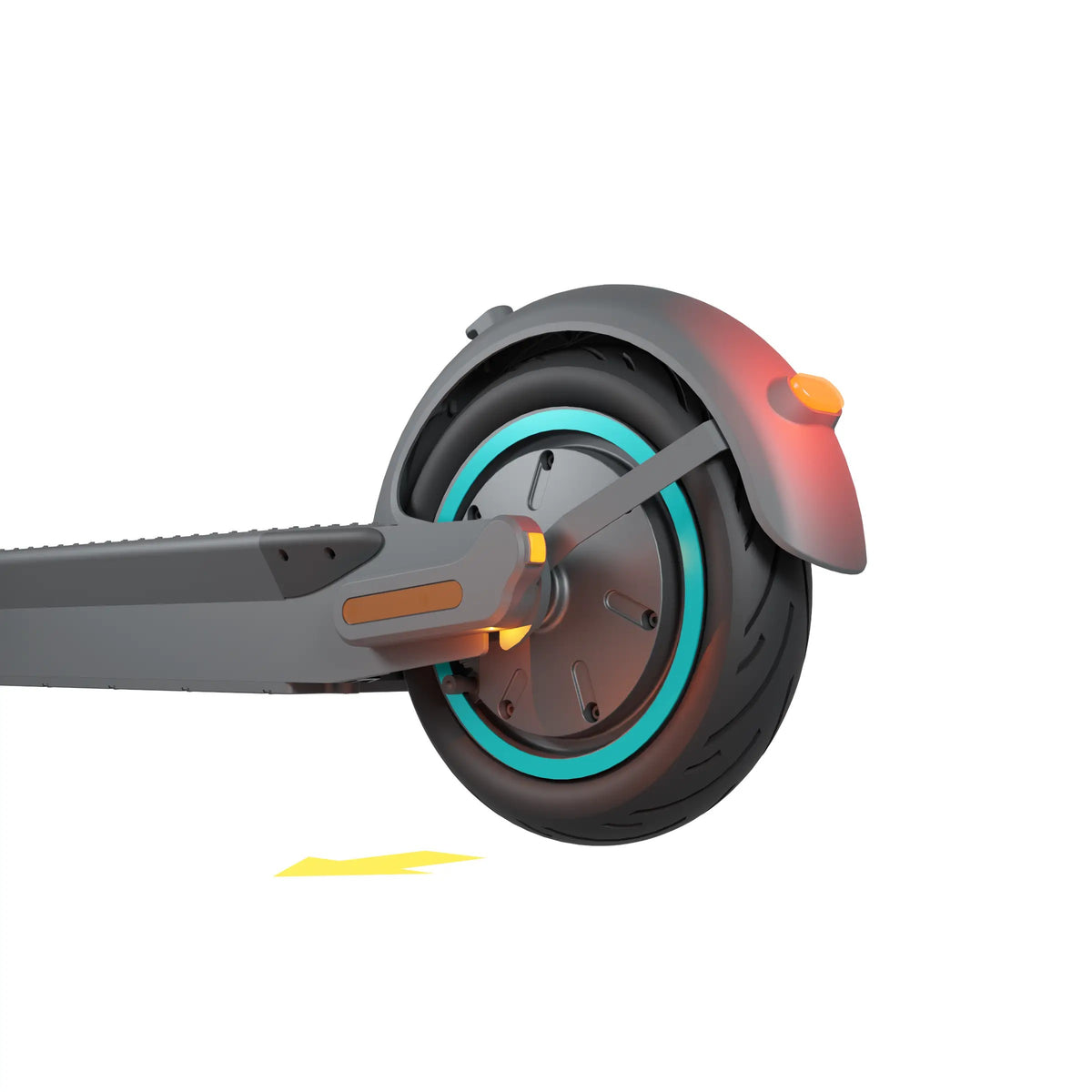 Tylne koło hulajnogi elektrycznej MOTUS Scooty 10 GEN6 od prawej: błotnik i zapalona lampka przy osi, na białym tle.