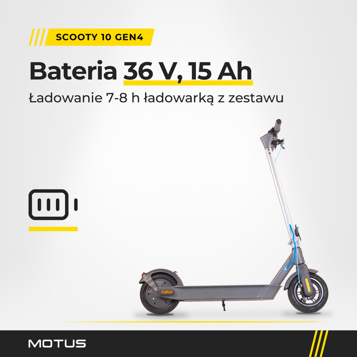 Hulajnoga elektryczna MOTUS Scooty 10 GEN4 z profilu i ikona baterii: 36 V, 15 Ah, ładowanie 7-8 h ładowarką z zestawu.