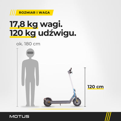 Hulajnoga elektryczna MOTUS Scooty 10 GEN4 z profilu obok sylwetki człowieka ok. 180 cm: wysokość 120 cm, waga 17,8 kg, udźwig do 120 kg.