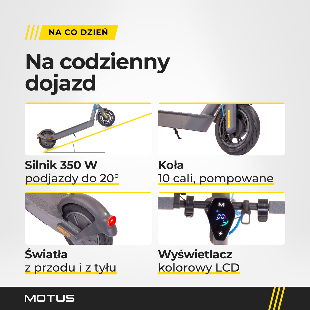 Zbliżenia hulajnogi elektrycznej MOTUS Scooty 10 GEN4: silnik 350 W i podjazd do 20°, koło 10 cali, tylne światło i kolorowy wyświetlacz LCD.