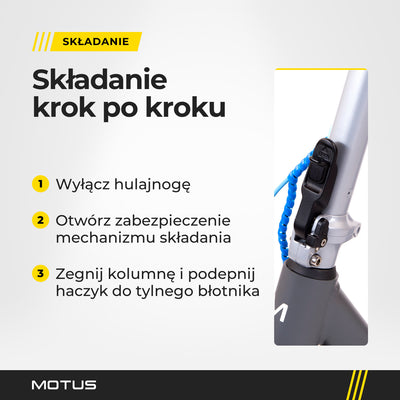 Zatrzask mechanizmu składania na kolumnie hulajnogi elektrycznej MOTUS Scooty 10 GEN4 i 3 kroki składania z instrukcji.
