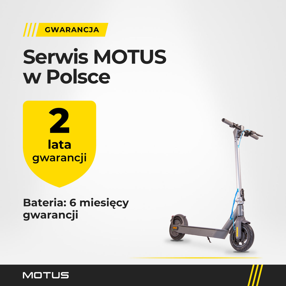 Gwarancja na hulajnogę elektryczną MOTUS Scooty 10 GEN4: 2 lata, bateria 6 miesięcy, serwis MOTUS w Polsce.