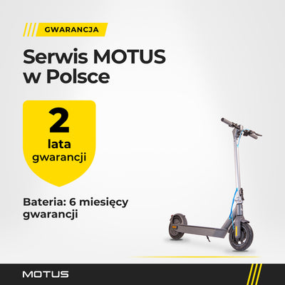 Gwarancja na hulajnogę elektryczną MOTUS Scooty 10 GEN4: 2 lata, bateria 6 miesięcy, serwis MOTUS w Polsce.