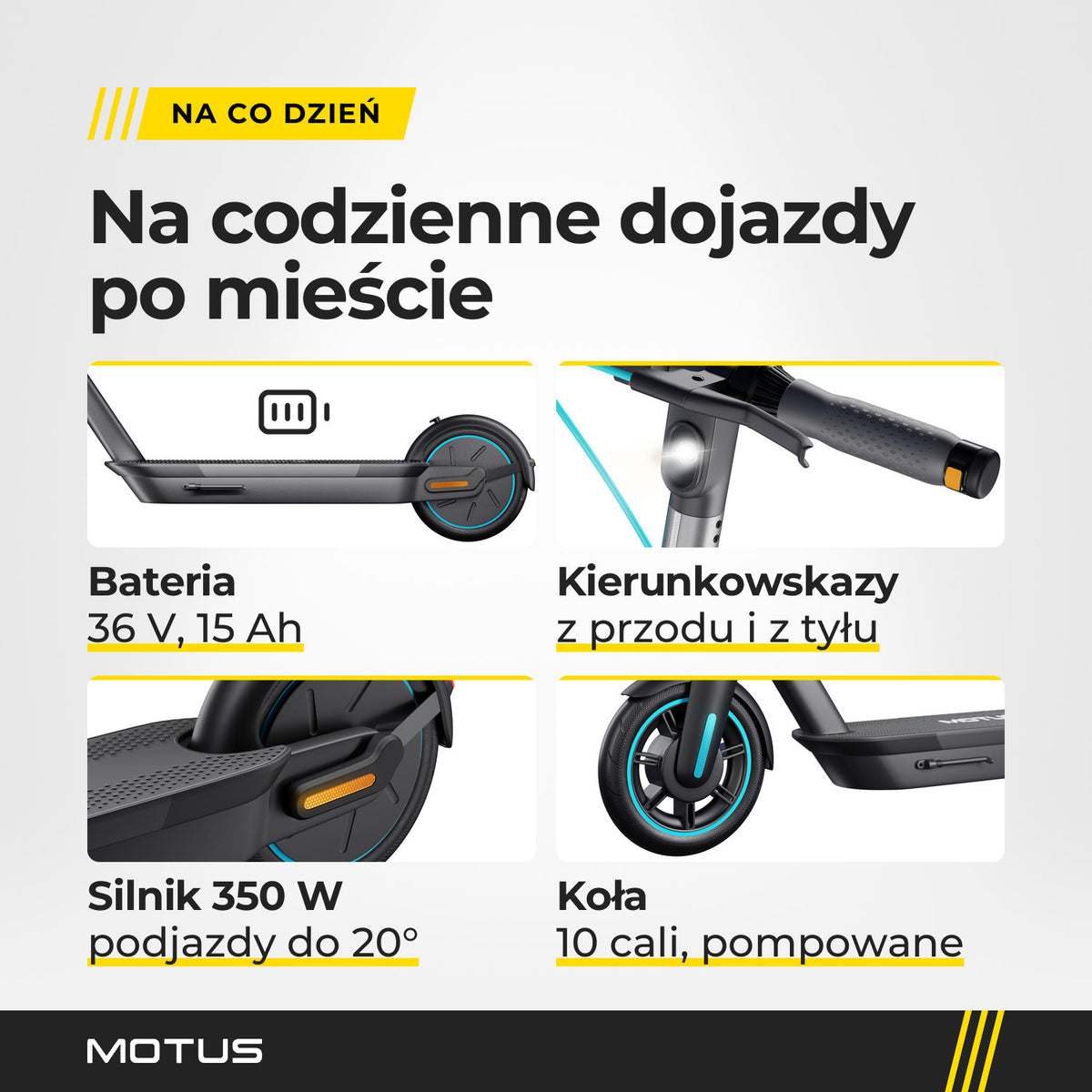 Zbliżenia hulajnogi elektrycznej MOTUS Scooty 10 GEN5: bateria 36 V 15 Ah, kierunkowskazy i światła, silnik 350 W w tylnym kole, koła 10 cali.
