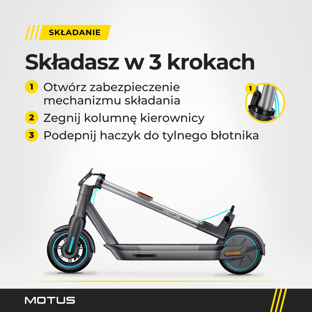 Złożona hulajnoga elektryczna MOTUS Scooty 10 GEN5 z profilu i 3 kroki składania: zabezpieczenie, kolumna kierownicy, haczyk do tylnego błotnika.