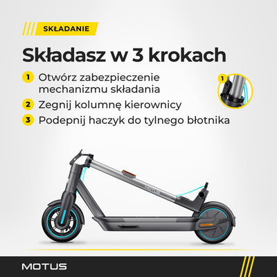 Złożona hulajnoga elektryczna MOTUS Scooty 10 GEN5 z profilu i 3 kroki składania: zabezpieczenie, kolumna kierownicy, haczyk do tylnego błotnika.
