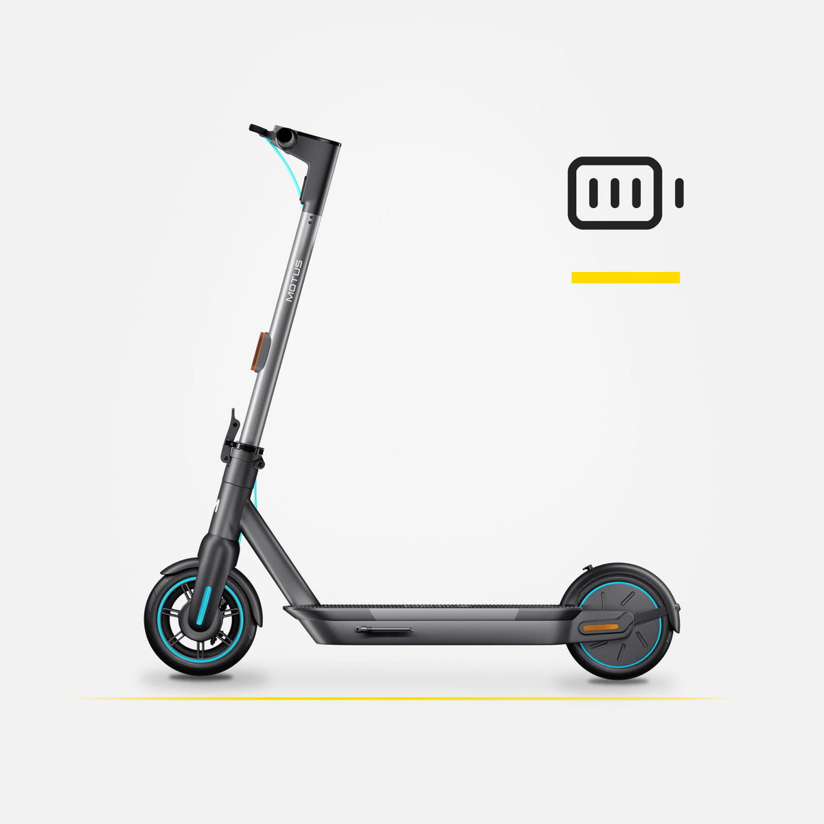 Hulajnoga elektryczna MOTUS Scooty 10 GEN5 z profilu i ikona baterii 36 V 15 Ah, jasne studio.