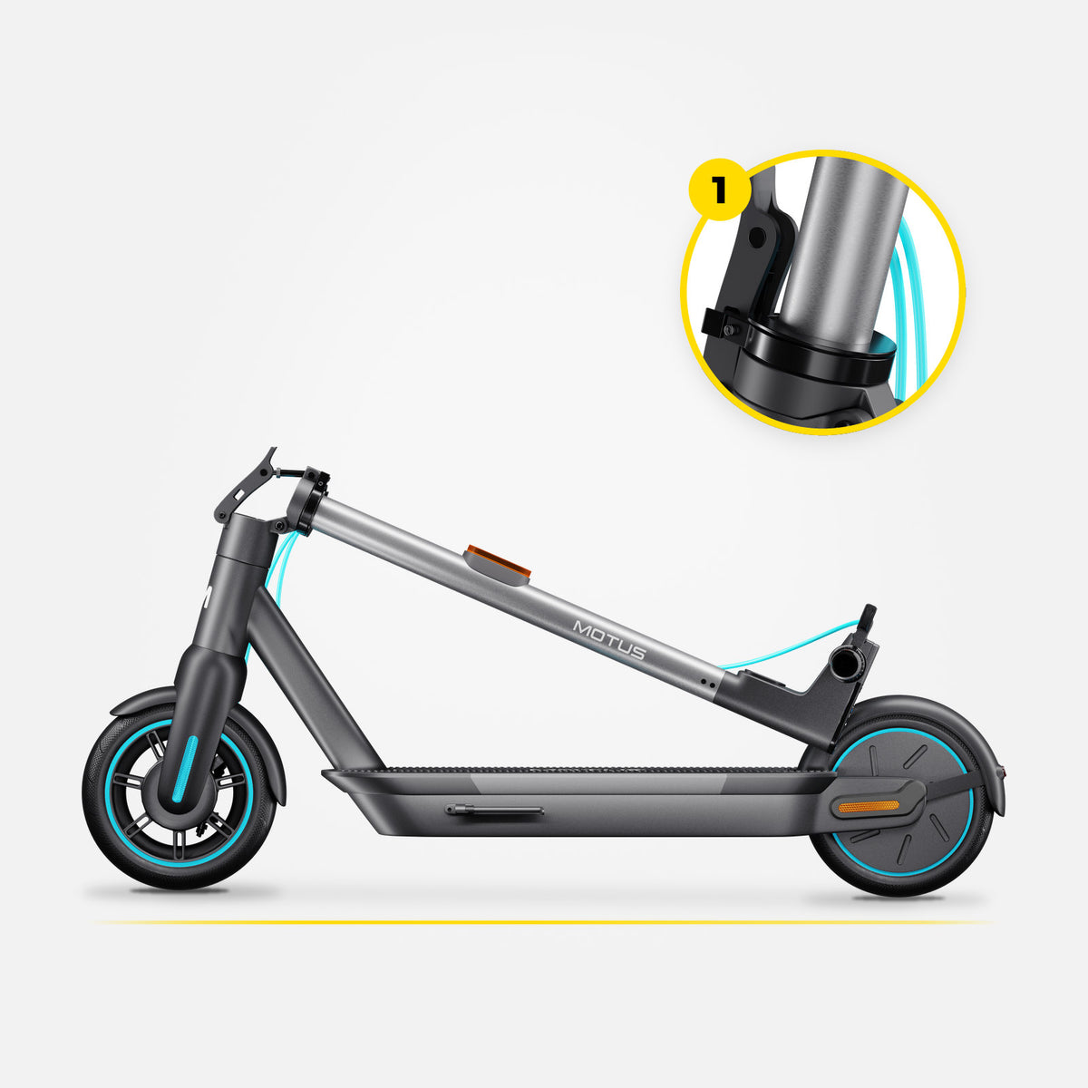 Złożona hulajnoga elektryczna MOTUS Scooty 10 GEN5 z profilu, kolumna kierownicy podpięta do tylnego błotnika, jasne studio.
