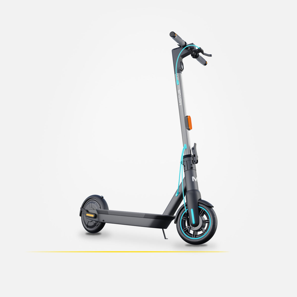 Hulajnoga elektryczna MOTUS Scooty 10 GEN5 stojąca na nóżce, widok 3/4 z przodu z prawej, jasne studio.