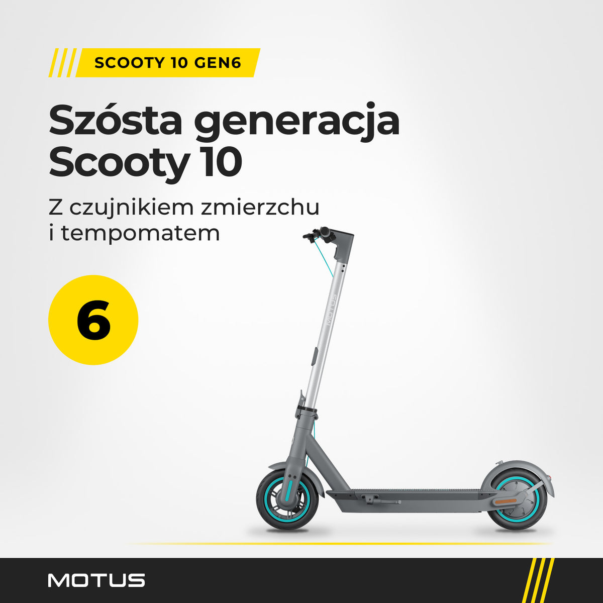 Hulajnoga elektryczna MOTUS Scooty 10 GEN6 z profilu: szósta generacja modelu, z czujnikiem zmierzchu i tempomatem.