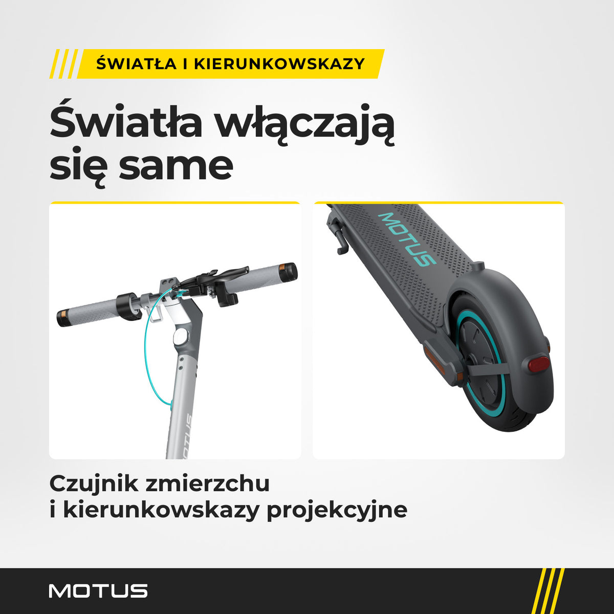 Kierownica z zapaloną lampą i tył hulajnogi elektrycznej MOTUS Scooty 10 GEN6: czujnik zmierzchu i kierunkowskazy projekcyjne.