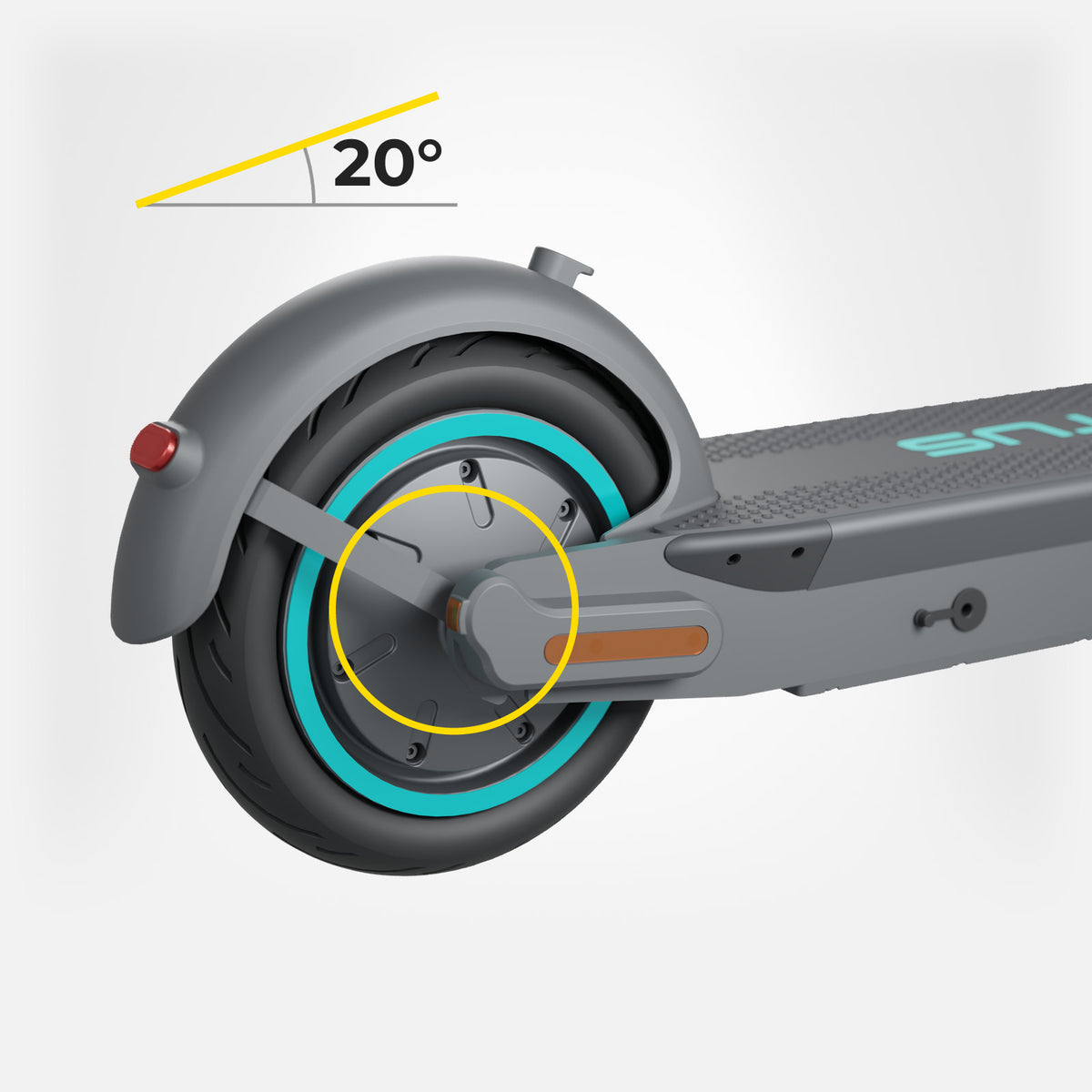 Tylne koło hulajnogi elektrycznej MOTUS Scooty 10 GEN6 z silnikiem w piaście i symbol podjazdu 20°, jasne studio.