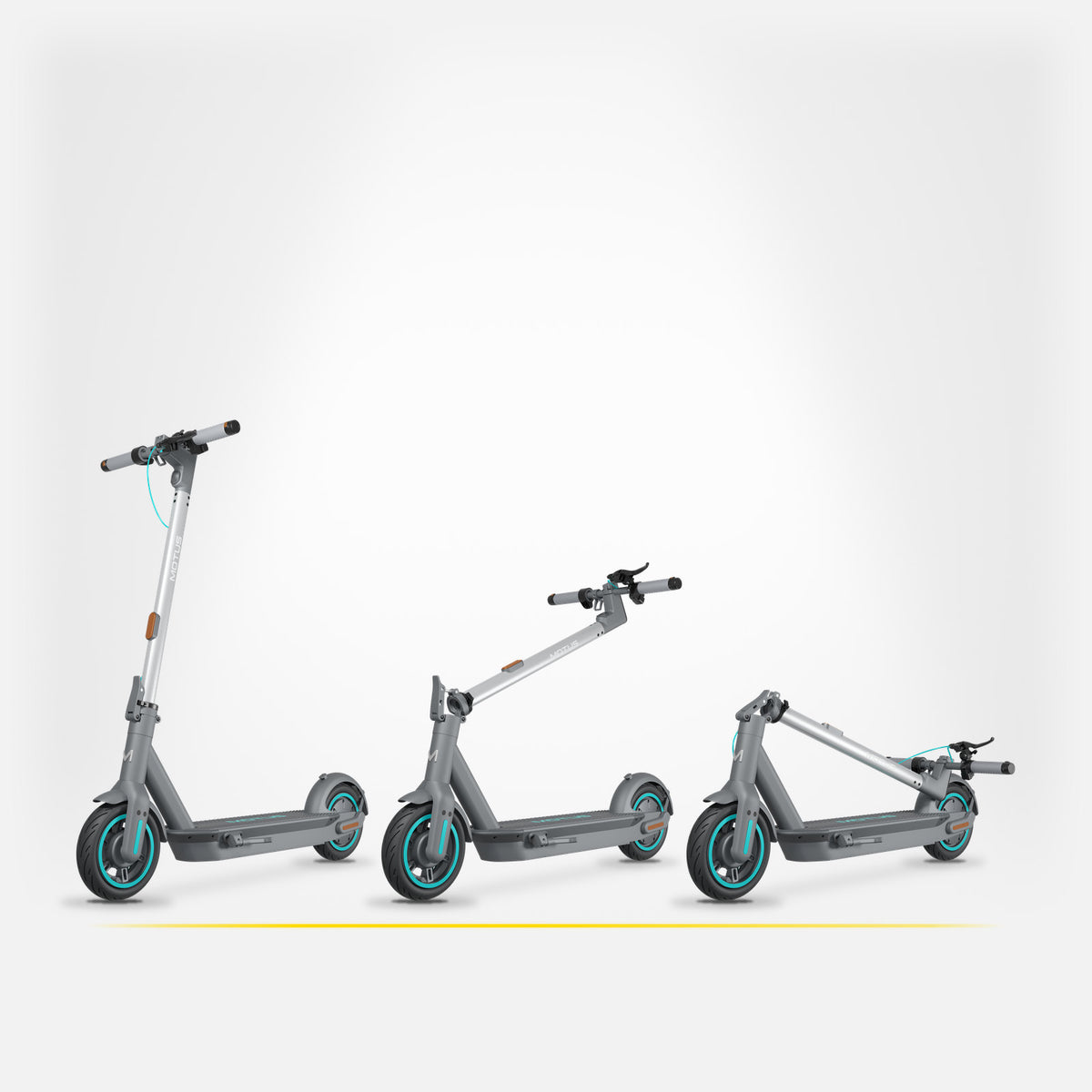Trzy ujęcia składania hulajnogi elektrycznej MOTUS Scooty 10 GEN6: rozłożona, kolumna kierownicy w połowie drogi i nad podestem, jasne studio.