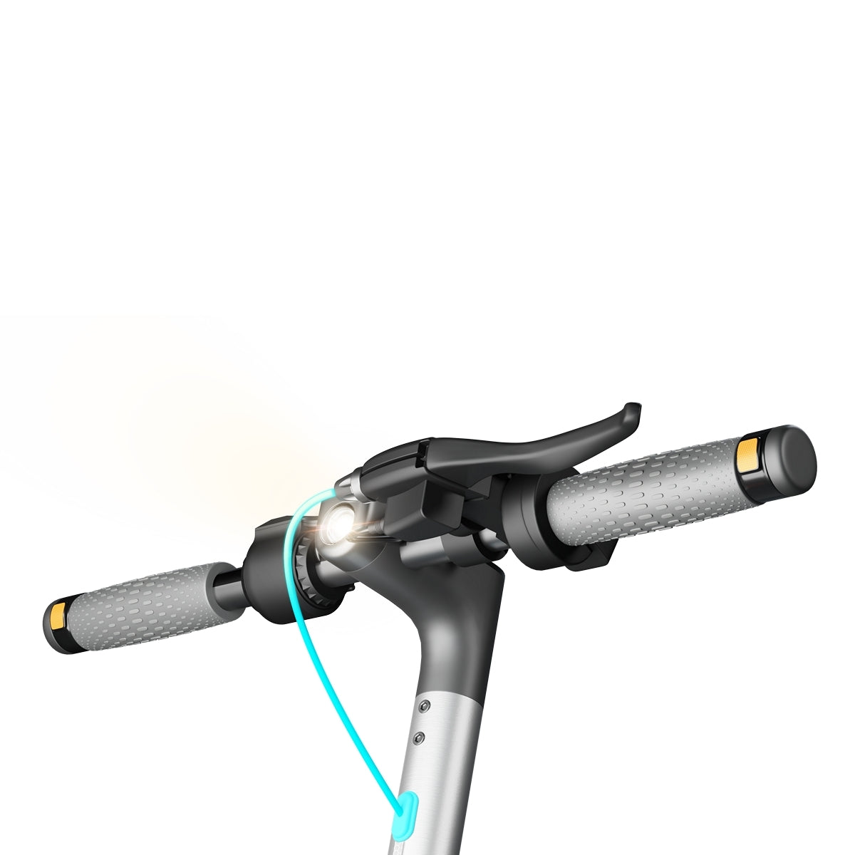 Kierownica hulajnogi elektrycznej MOTUS Scooty 10 Lite GEN5 od przodu z zapaloną lampą, na białym tle.