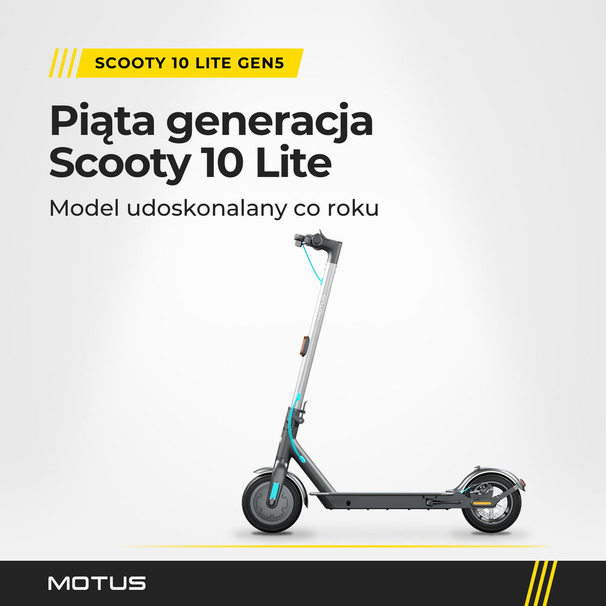 Hulajnoga elektryczna MOTUS Scooty 10 Lite GEN5 z profilu: piąta generacja modelu Scooty 10 Lite.