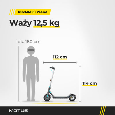 Hulajnoga elektryczna MOTUS Scooty 10 Lite GEN5 z profilu obok sylwetki człowieka ok. 180 cm: waga 12,5 kg, 112 cm długości, 114 cm wysokości.