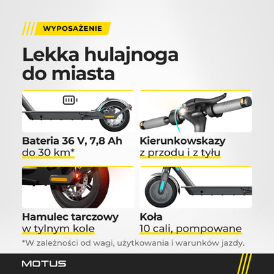 Zbliżenia hulajnogi elektrycznej MOTUS Scooty 10 Lite GEN5: bateria 36 V 7,8 Ah, kierunkowskazy, hamulec tarczowy w tylnym kole, koła 10 cali.