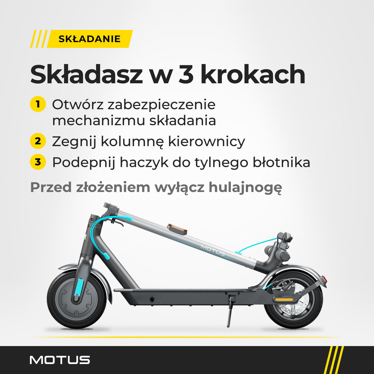 Złożona hulajnoga elektryczna MOTUS Scooty 10 Lite GEN5 z profilu i 3 kroki składania: zabezpieczenie, kolumna kierownicy, haczyk do tylnego błotnika.
