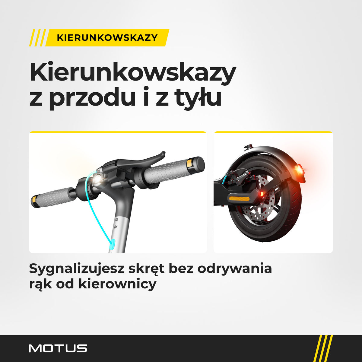 Kierownica z zapaloną lampą i tył z zapalonym światłem hulajnogi elektrycznej MOTUS Scooty 10 Lite GEN5: kierunkowskazy z przodu i z tyłu.