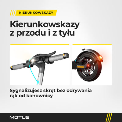 Kierownica z zapaloną lampą i tył z zapalonym światłem hulajnogi elektrycznej MOTUS Scooty 10 Lite GEN5: kierunkowskazy z przodu i z tyłu.