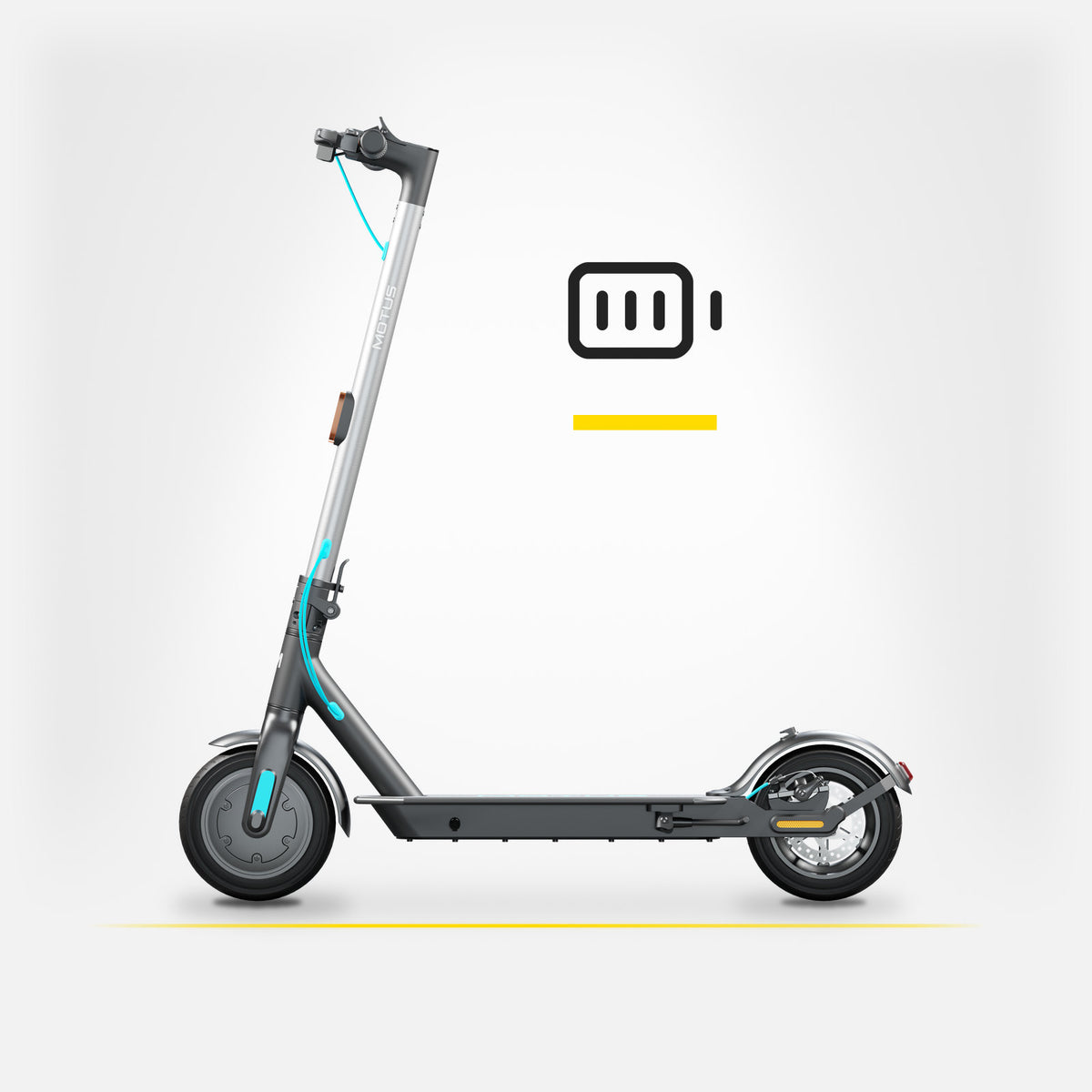 Hulajnoga elektryczna MOTUS Scooty 10 Lite GEN5 z profilu i ikona baterii 36 V 7,8 Ah, jasne studio.