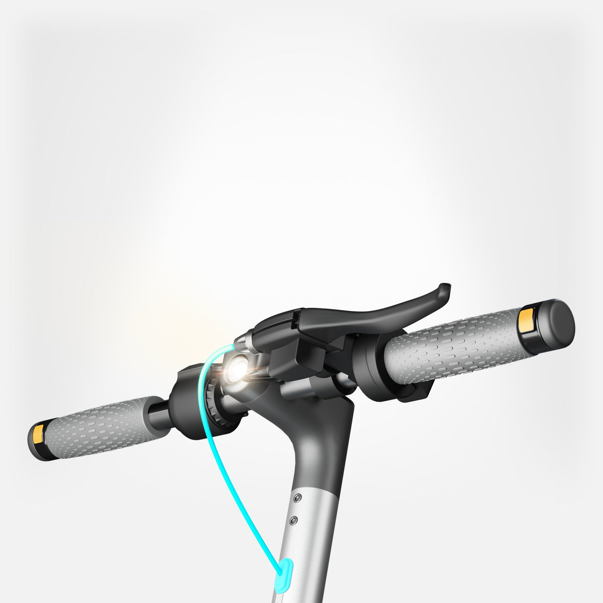Kierownica hulajnogi elektrycznej MOTUS Scooty 10 Lite GEN5 od przodu z zapaloną lampą, jasne studio.
