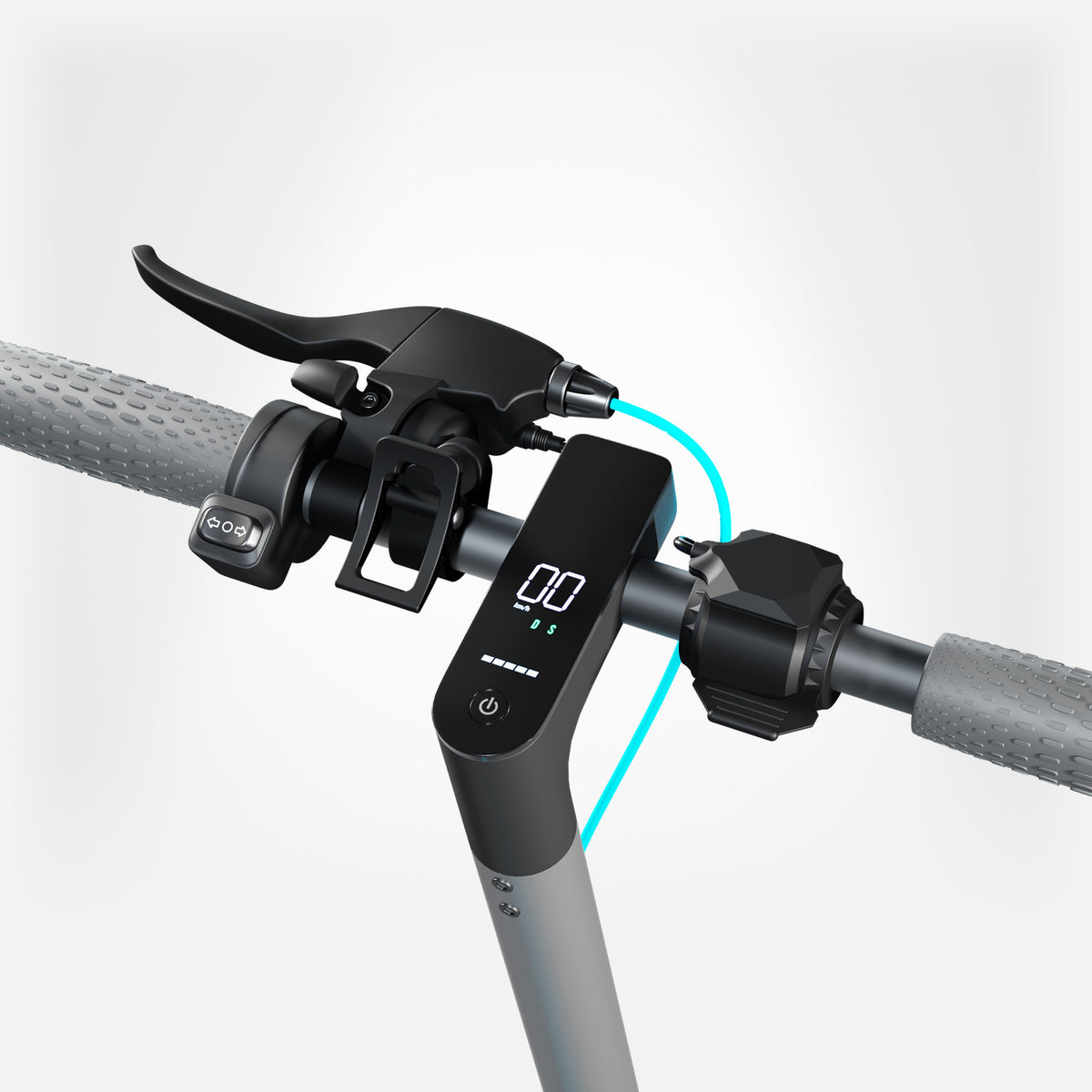 Kierownica hulajnogi elektrycznej MOTUS Scooty 10 Lite GEN5 z wyświetlaczem LCD i przyciskiem zasilania, jasne studio.