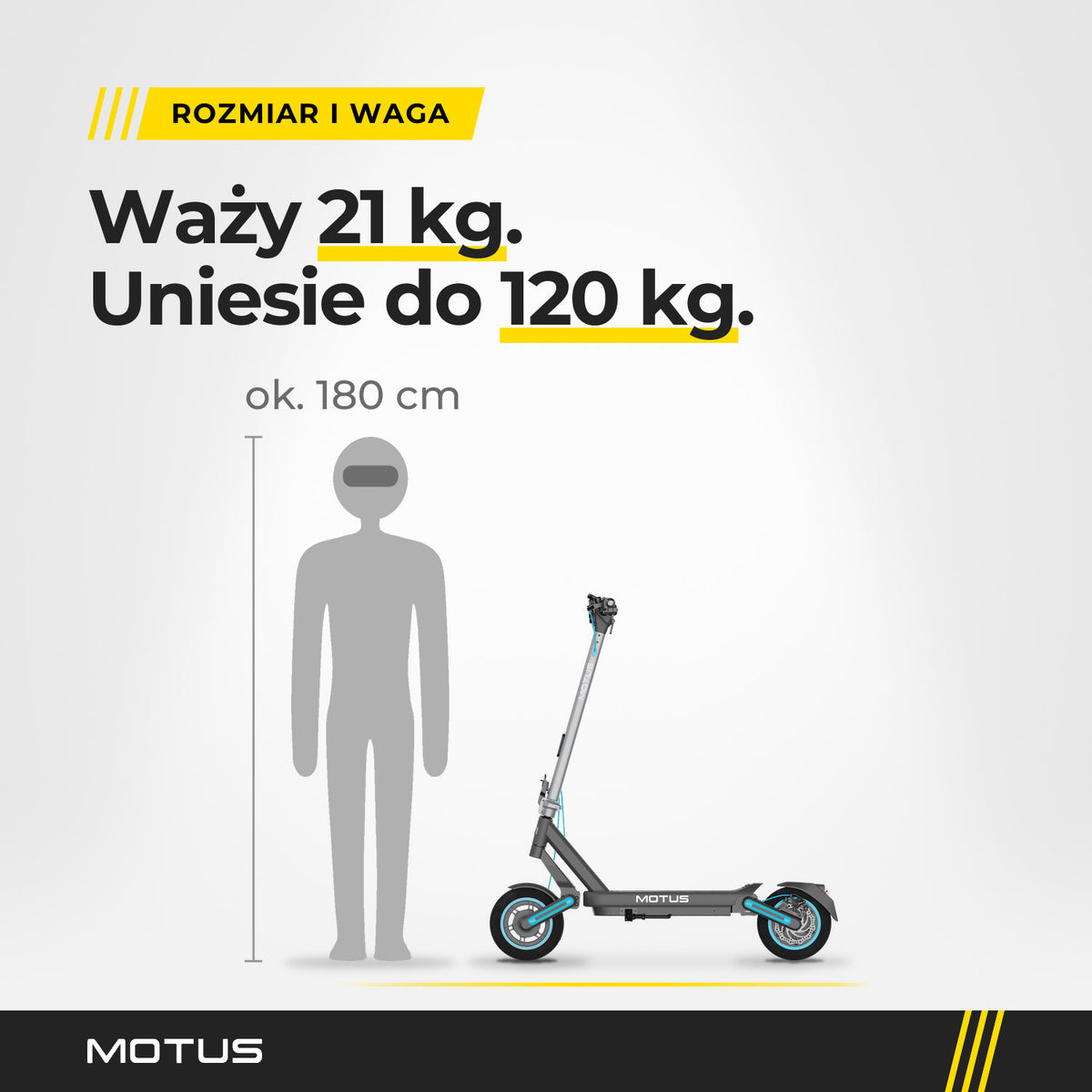 Hulajnoga elektryczna MOTUS Scooty 10 Max z profilu obok sylwetki człowieka ok. 180 cm: waga 21 kg, udźwig do 120 kg.