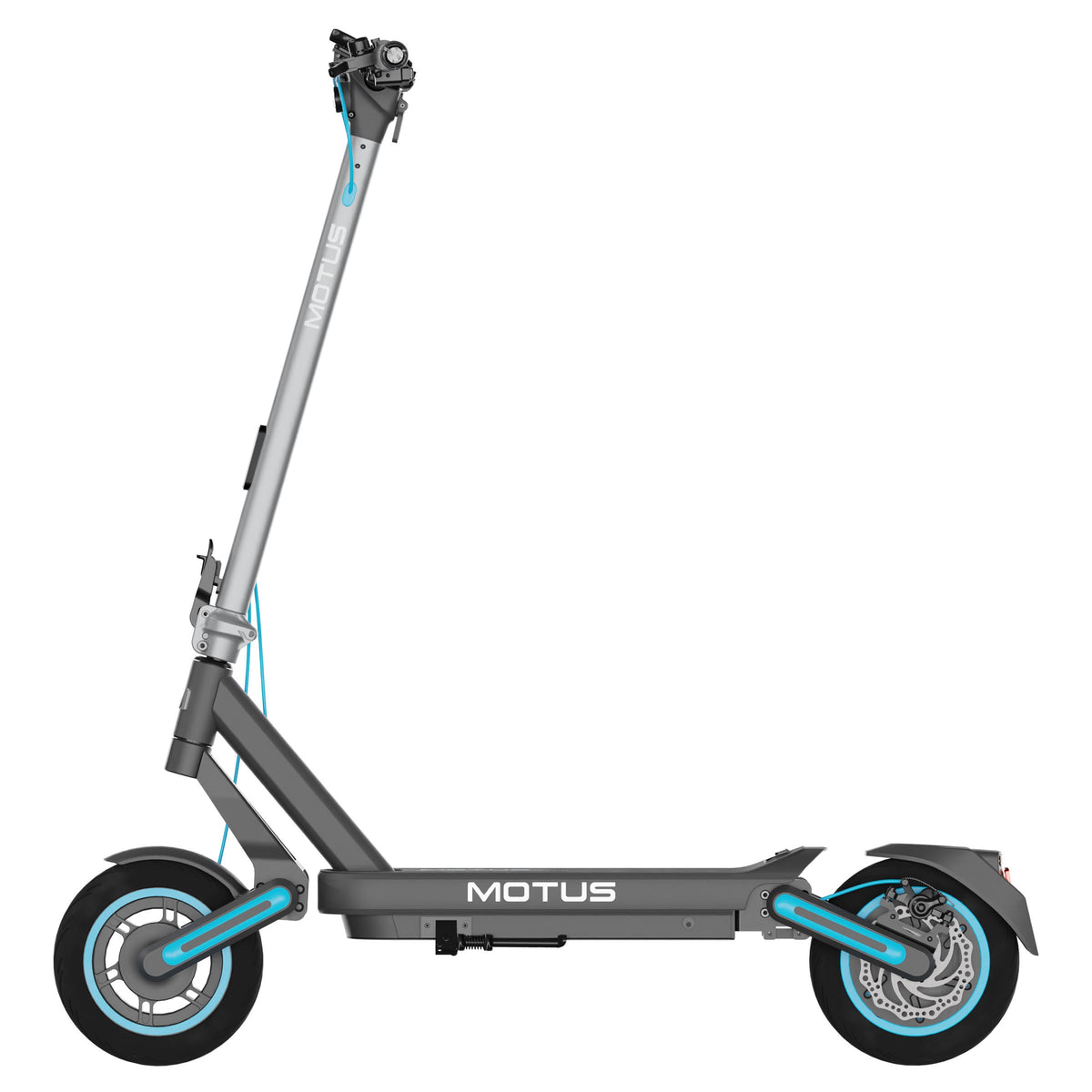 Hulajnoga elektryczna MOTUS Scooty 10 Max z lewego boku: stopka pod podestem i tarcza hamulca przy tylnym kole.
