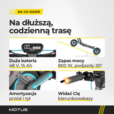 Zbliżenia hulajnogi elektrycznej MOTUS Scooty 10 Max: wyświetlacz ze wskaźnikiem baterii, podjazd do 20°, tylne koło z wahaczem i kierunkowskaz w rączce.