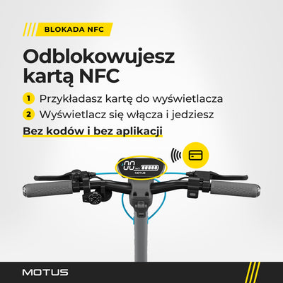 Kierownica hulajnogi elektrycznej MOTUS Scooty 10 Max z wyświetlaczem: odblokowanie kartą NFC w 2 krokach, bez kodów i bez aplikacji.