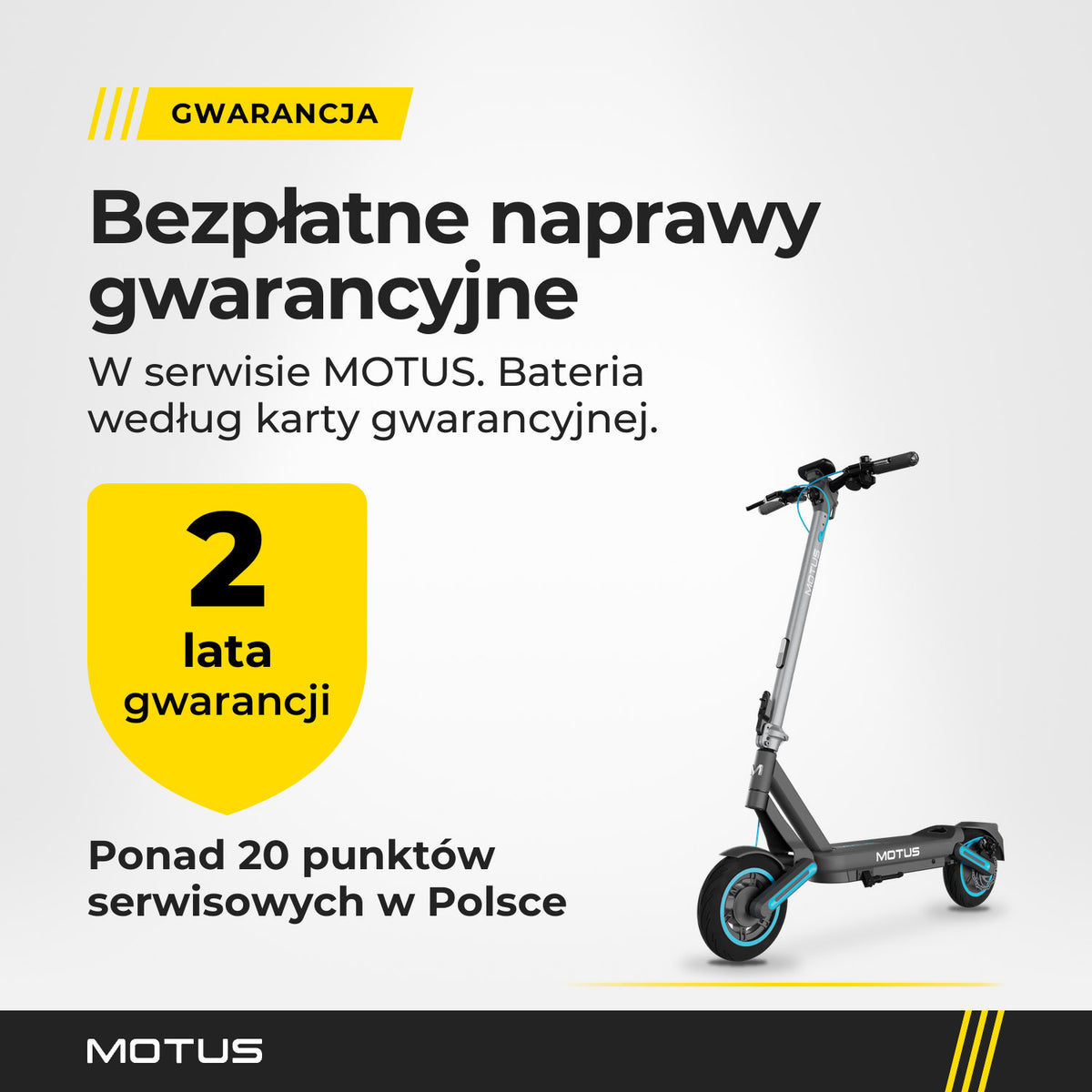 Gwarancja na hulajnogę elektryczną MOTUS Scooty 10 Max: 2 lata, ponad 20 punktów serwisowych w Polsce, bateria według karty gwarancyjnej.