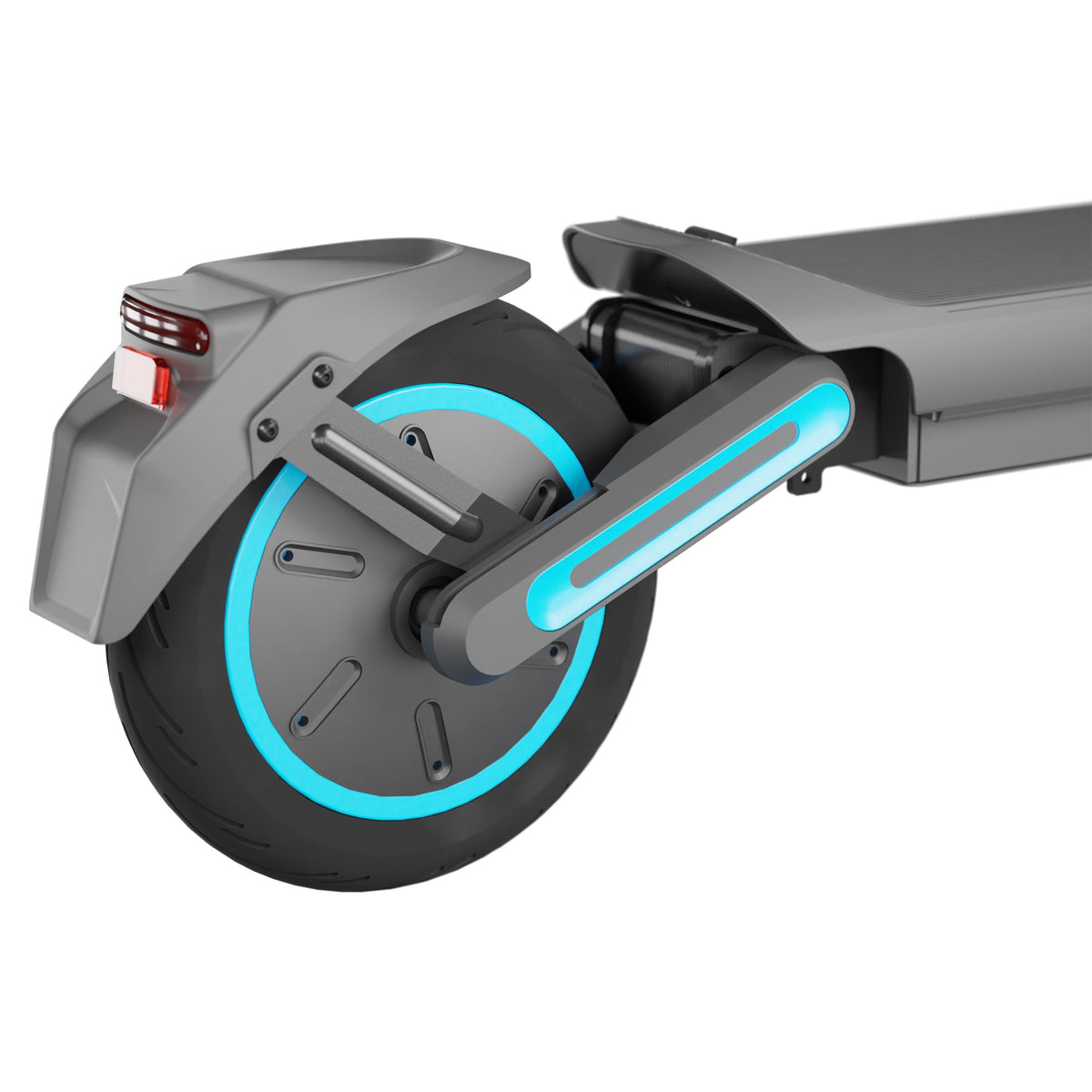 Tylne koło hulajnogi elektrycznej MOTUS Scooty 10 Max z prawej strony: wahacz, błotnik i tylne światło.